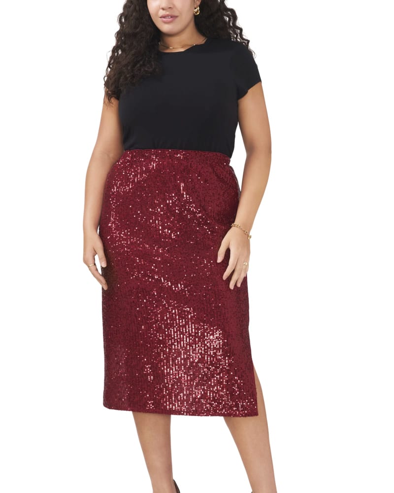 Front of a model wearing a size 1X Shakira Maxi Skirt in DARK WINE by Vince Camuto. | dia_product_style_image_id:260987